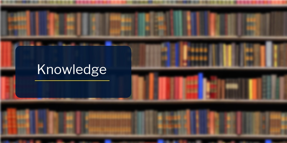 Blurred bookshelves filled with books in a library setting, with a blue overlay panel displaying the word 'Knowledge'