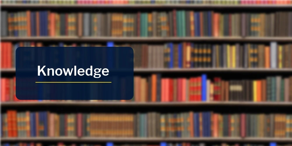 Blurred bookshelves filled with books in a library setting, with a blue overlay panel displaying the word 'Knowledge'